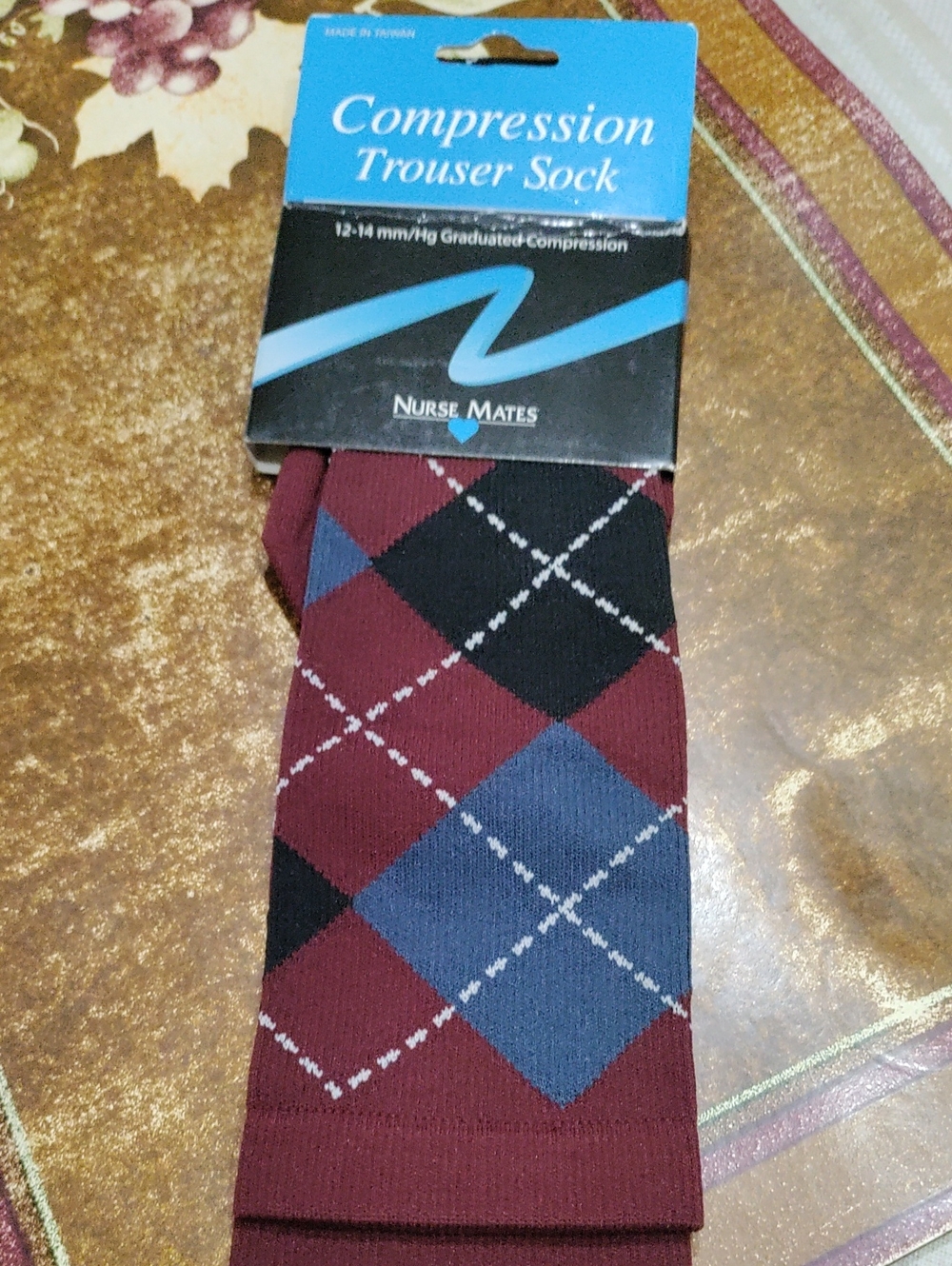 Nurse Mates Men's Burgundy Argyle Compression Socks with Blue and Black Accents